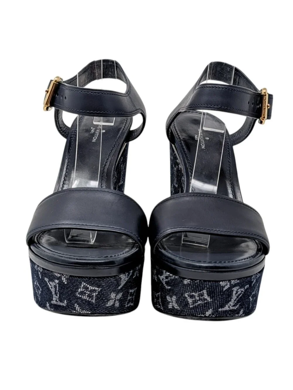 Louis Vuitton Blue Denim Monogram Leather Wedges Size EU 37.5
